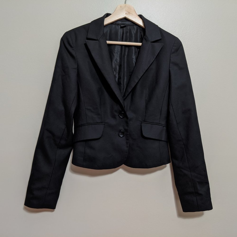 Express Design Studio Women 2 Black Wool Satin Stripe Cropped Jacket Blazer Suit
